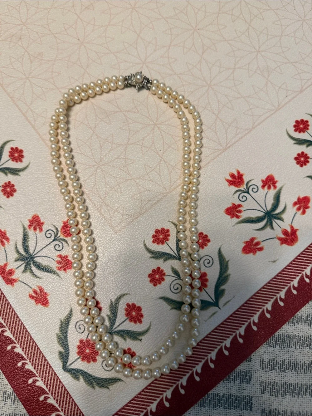 Vintage Double-Strand Ivory Pearl Necklace with Decorative Clasp